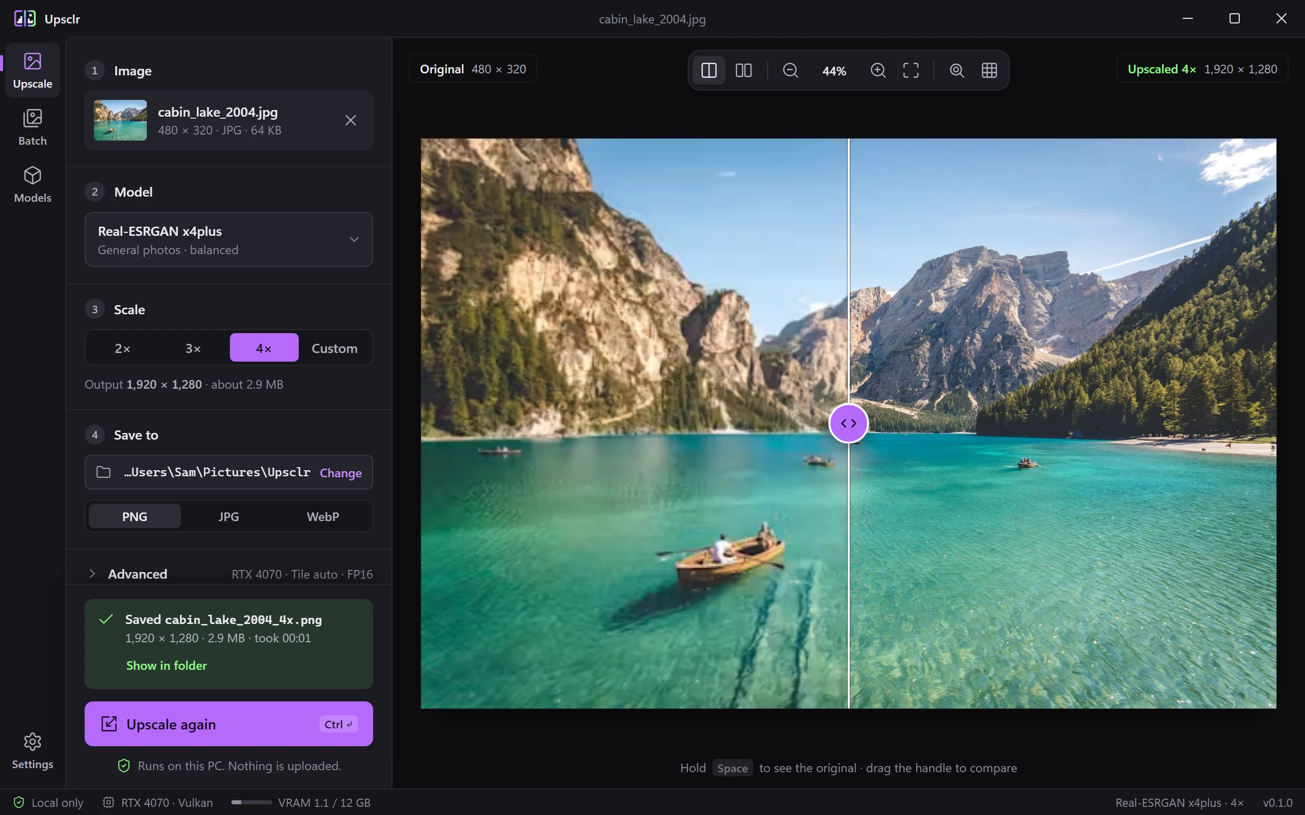 Upsclr window showing the Upscale view: image, model, scale and save steps in the left panel, and a lake photo split by a compare slider, original on the left and the 4x result on the right